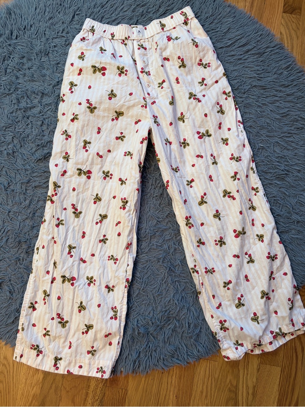 Anthropologie White Pink Striped Strawberry Print Pull-On Pajama Pants M